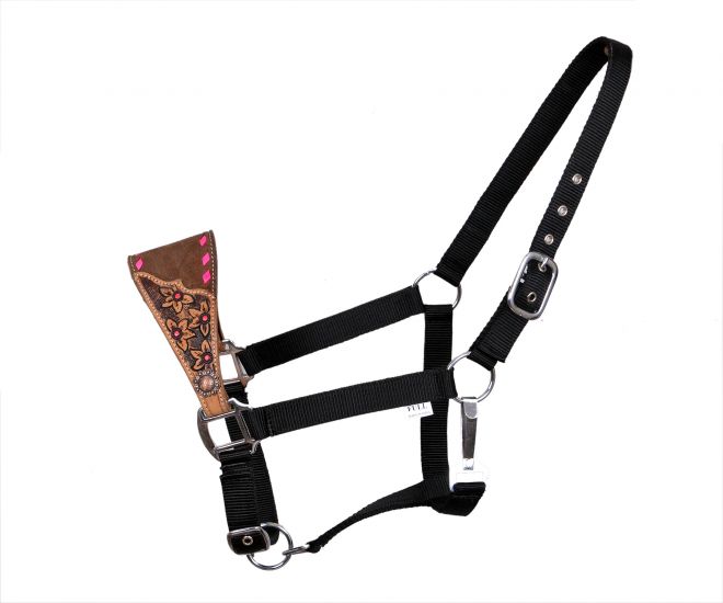Showman Adjustable nylon bronc halter on medium leather with floral tooling and pink buck stitch